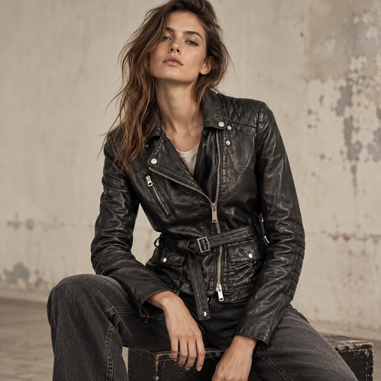 A woman wearing a black Golden Goose leather moto jacket with a belted waist and silver hardware, paired with dark jeans, sitting on a wooden crate against a textured concrete wall.