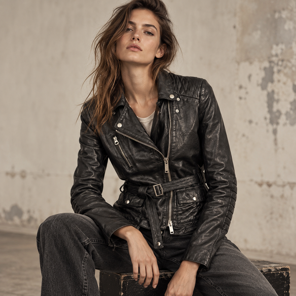 A woman wearing a black Golden Goose leather moto jacket with a belted waist and silver hardware, paired with dark jeans, sitting on a wooden crate against a textured concrete wall.