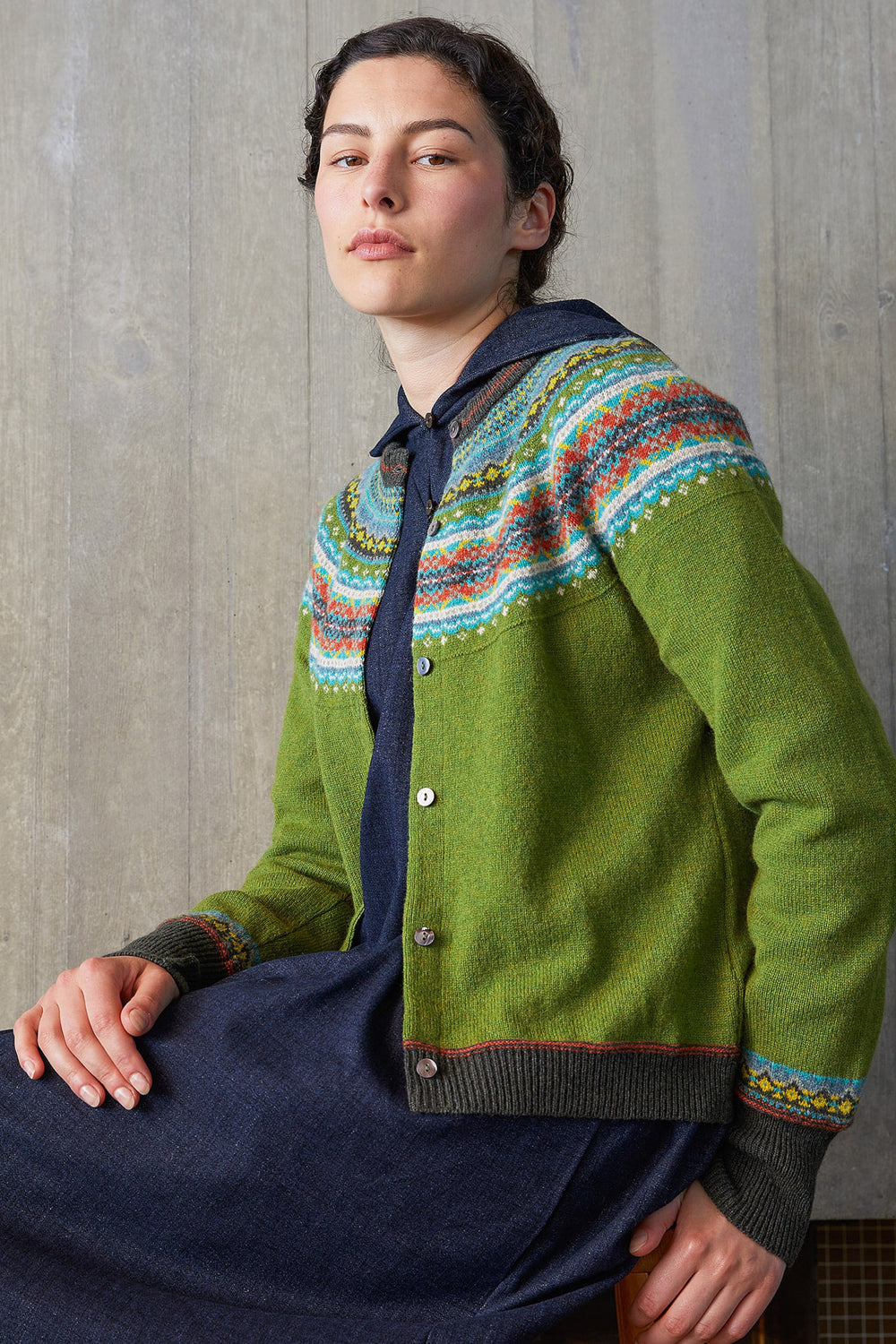 ERIBÉ – Alpine Fairisle Merino Wool & Angora Cardigan Moss Green