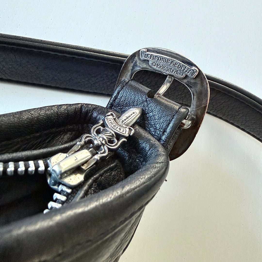 CHROME HEARTS – Rare 1995 Vintage Black Leather Fleur-de-Lis Shoulder Bag