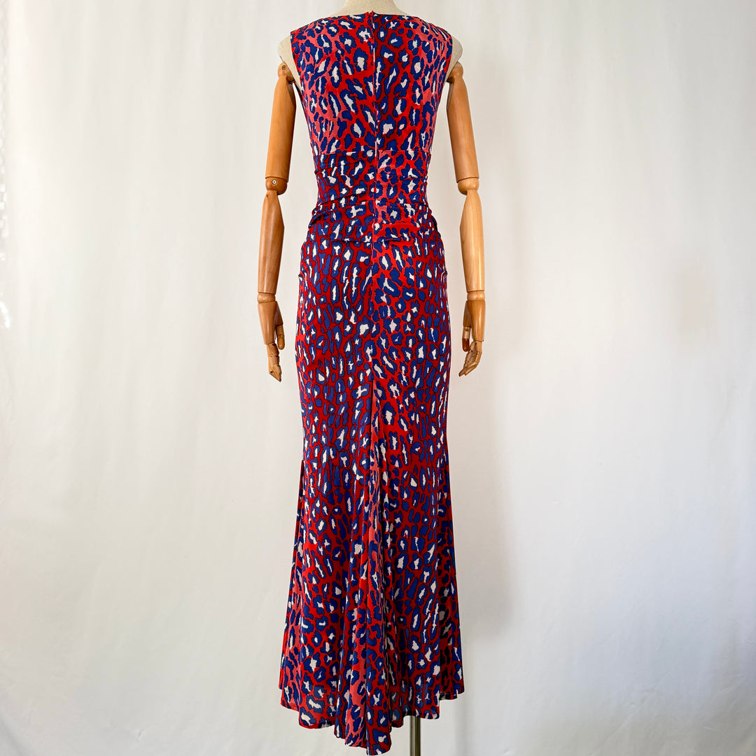 TALBOT RUNHOF Red &amp; Blue Leopard Print Silk Maxi Evening Dress