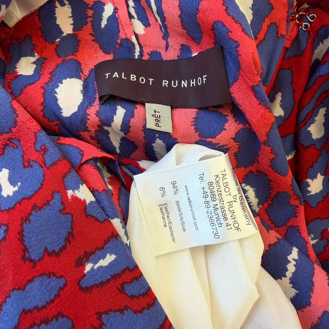 TALBOT RUNHOF Red &amp; Blue Leopard Print Silk Maxi Evening Dress