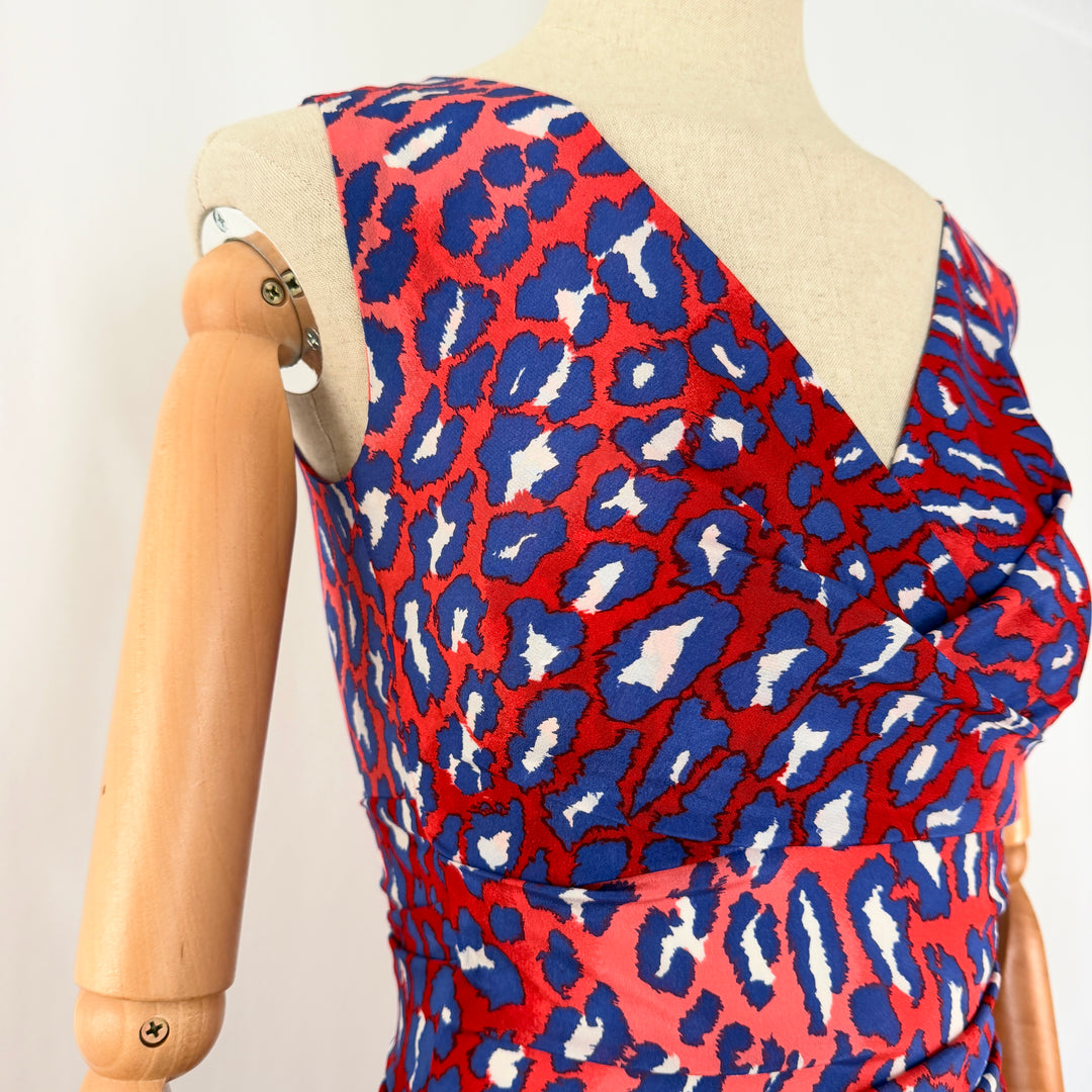 TALBOT RUNHOF Red &amp; Blue Leopard Print Silk Maxi Evening Dress