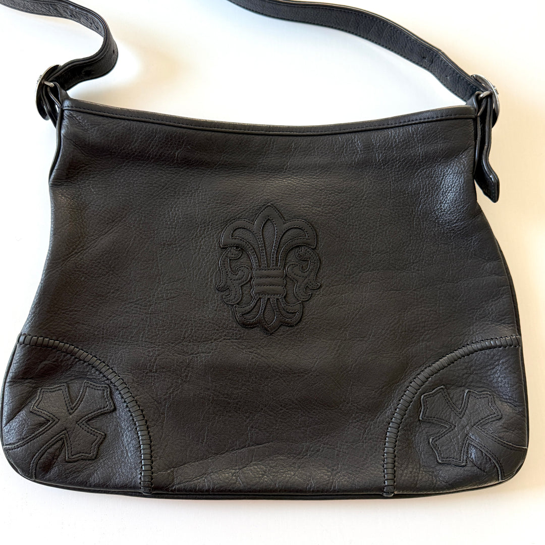 CHROME HEARTS – Rare 1995 Vintage Black Leather Fleur-de-Lis Shoulder Bag