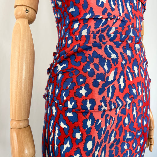 TALBOT RUNHOF Red &amp; Blue Leopard Print Silk Maxi Evening Dress