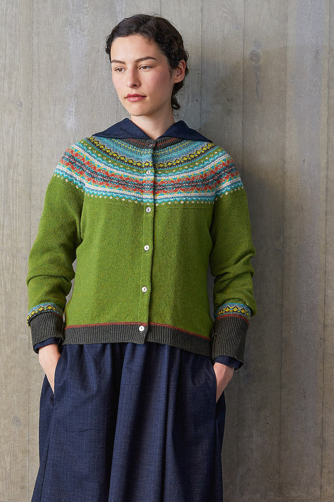 ERIBÉ – Alpine Fairisle Merino Wool &amp; Angora Cardigan Moss Green