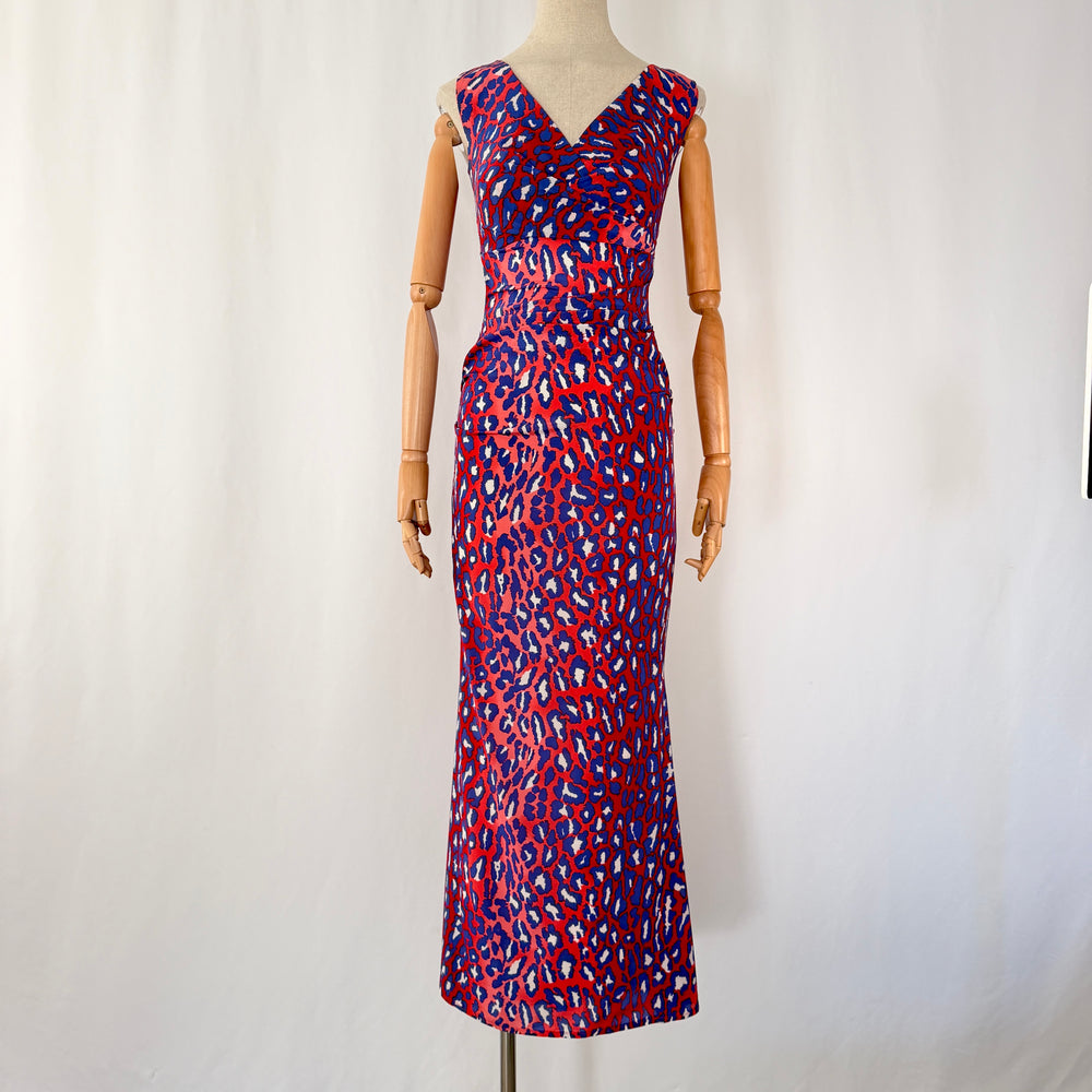 TALBOT RUNHOF Red & Blue Leopard Print Silk Maxi Evening Dress
