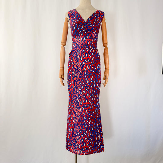 TALBOT RUNHOF Red &amp; Blue Leopard Print Silk Maxi Evening Dress