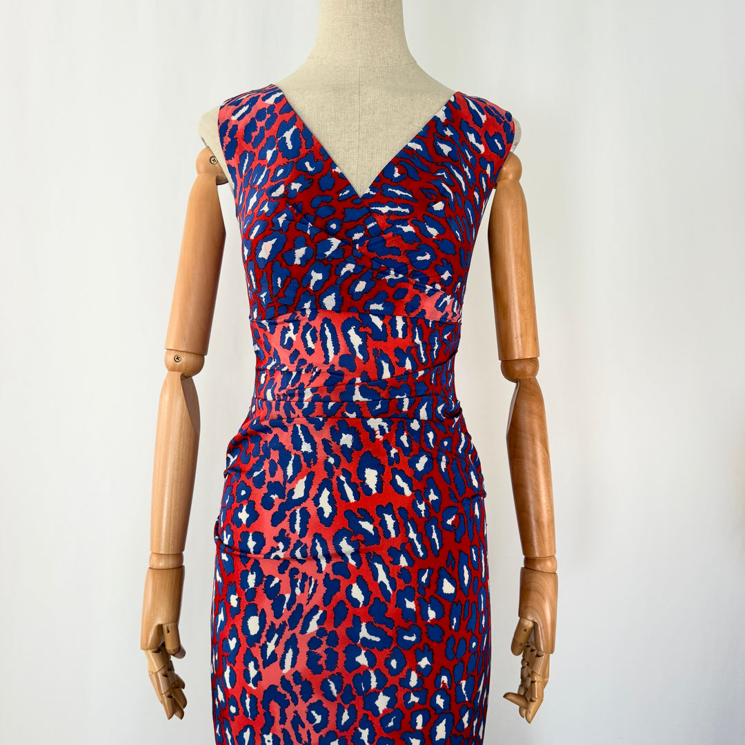 TALBOT RUNHOF Red &amp; Blue Leopard Print Silk Maxi Evening Dress