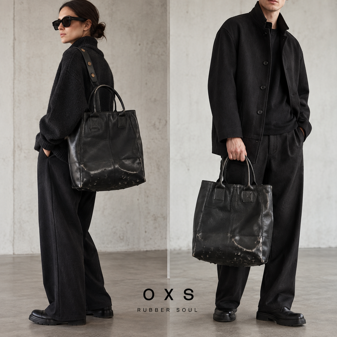 OXS RUBBER SOUL black leather tote bag, handcrafted archive 2014