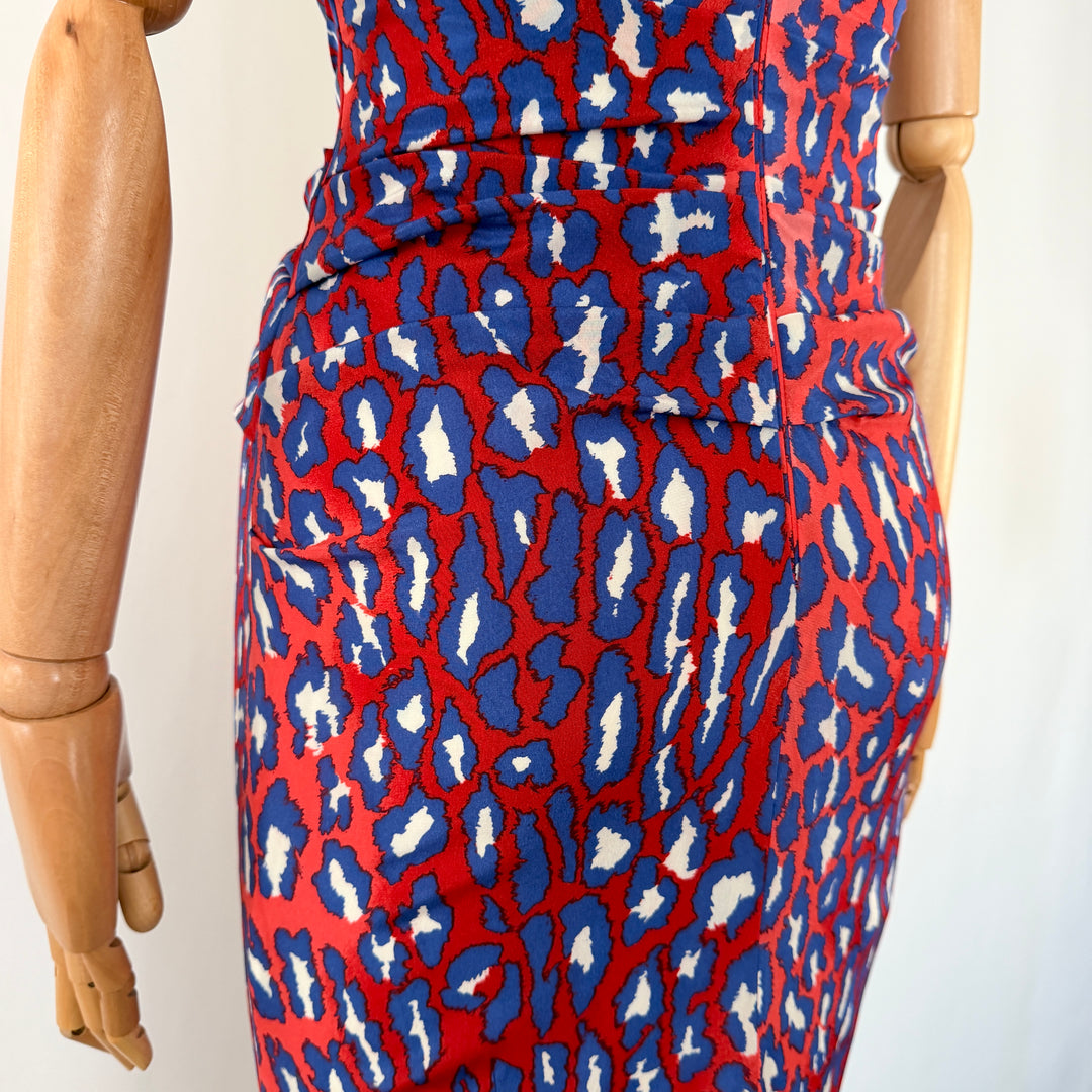 TALBOT RUNHOF Red &amp; Blue Leopard Print Silk Maxi Evening Dress