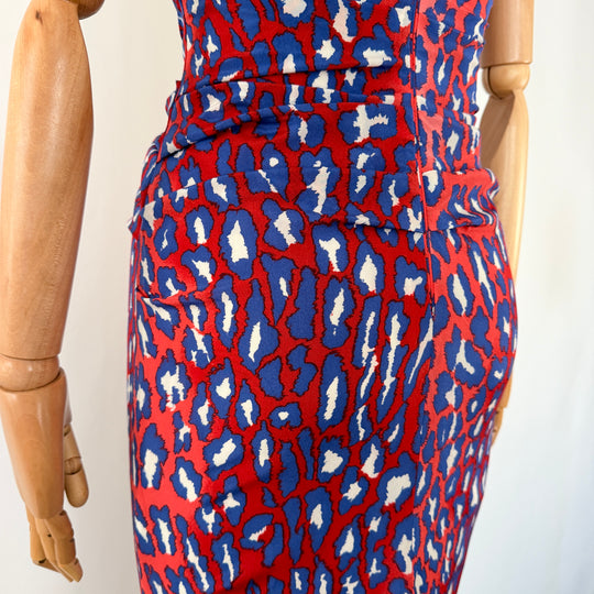 TALBOT RUNHOF Red &amp; Blue Leopard Print Silk Maxi Evening Dress