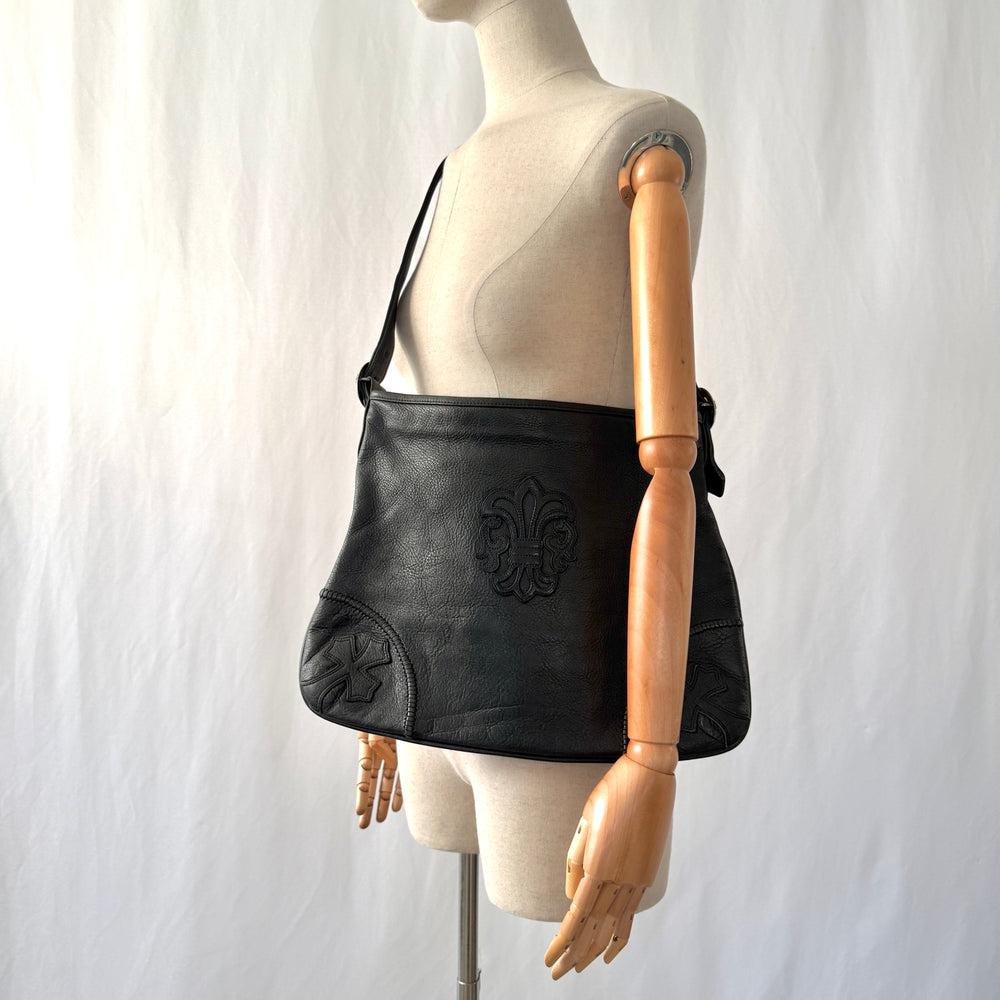 CHROME HEARTS – Rare 1995 Vintage Black Leather Fleur-de-Lis Shoulder Bag