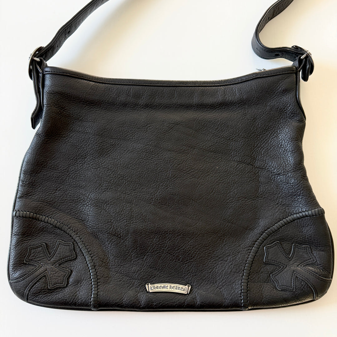 CHROME HEARTS – Rare 1995 Vintage Black Leather Fleur-de-Lis Shoulder Bag