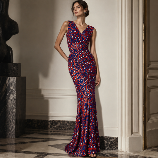 TALBOT RUNHOF Red &amp; Blue Leopard Print Silk Maxi Evening Dress
