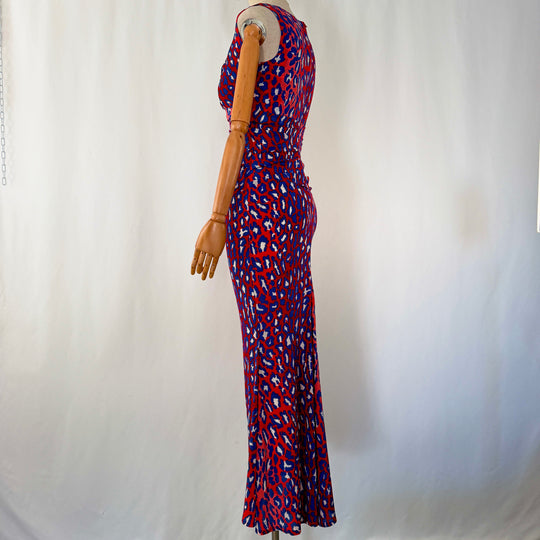 TALBOT RUNHOF Red &amp; Blue Leopard Print Silk Maxi Evening Dress