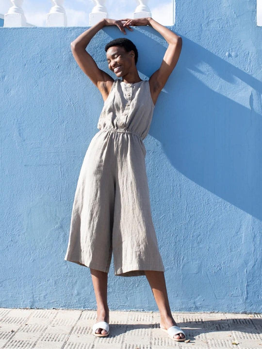 not PERFECT LINEN 100% Linen Striped Culotte Jumpsuit / Romper