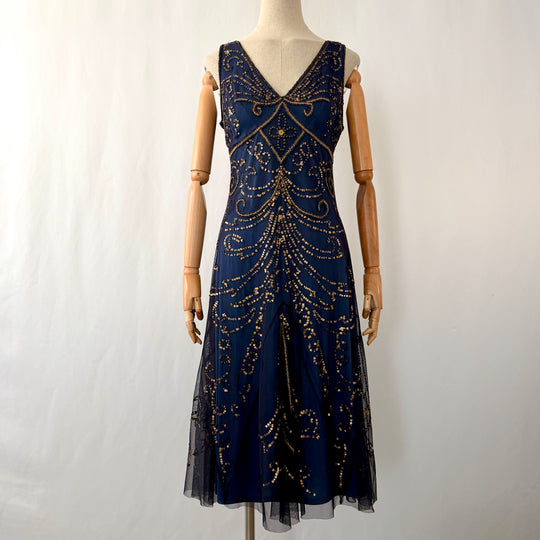 Navy Blue Art Deco Sequin & Beaded Cocktail Dress – Great Gatsby Glamour
