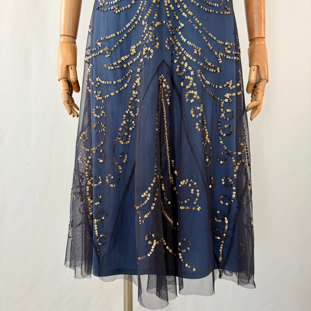 Navy Blue Art Deco Sequin & Beaded Cocktail Dress – Great Gatsby Glamour