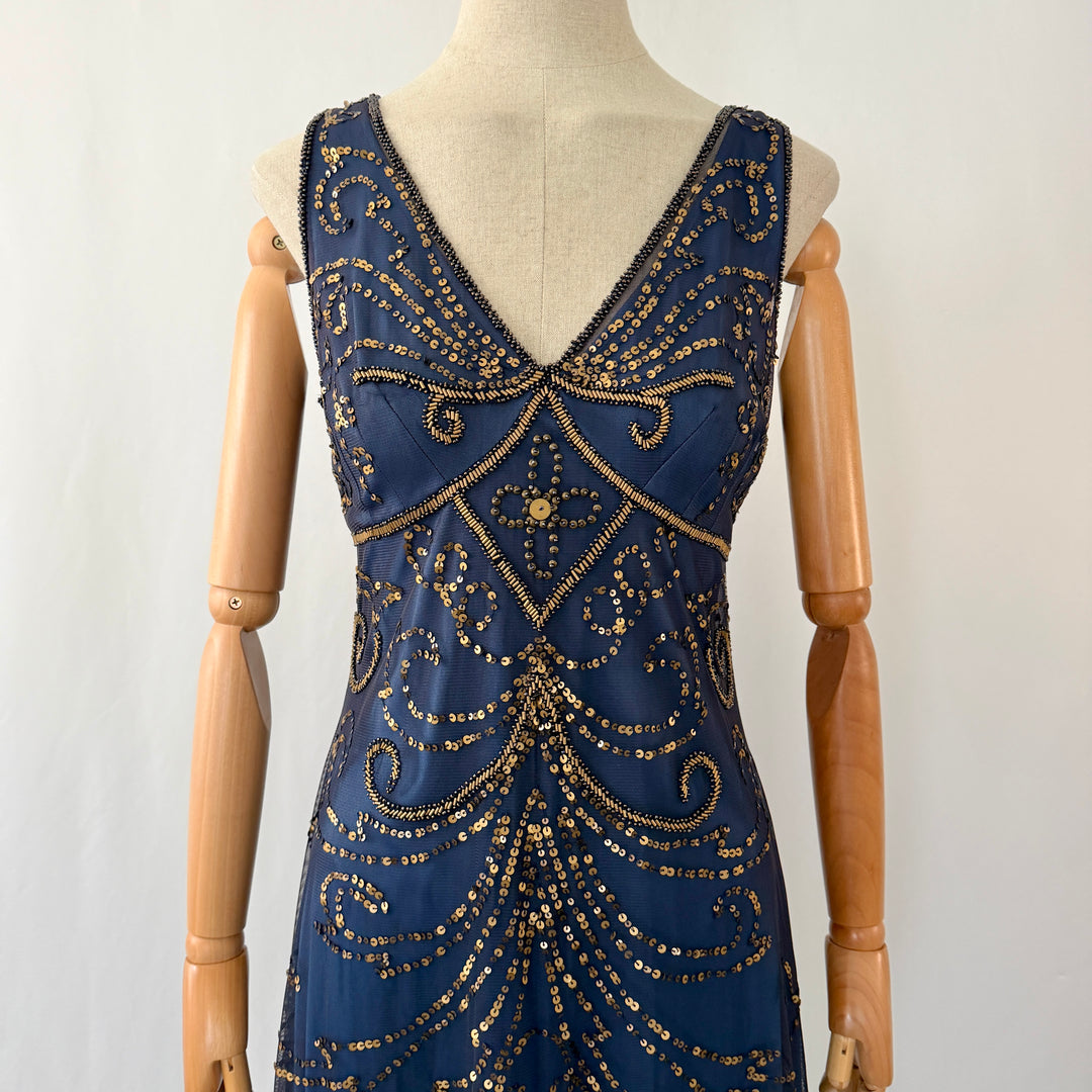 Navy Blue Art Deco Sequin & Beaded Cocktail Dress – Great Gatsby Glamour