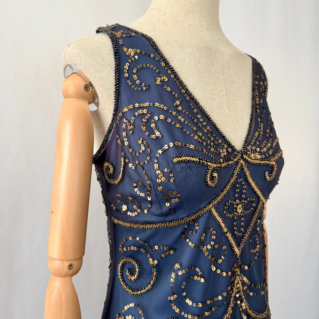 Navy Blue Art Deco Sequin & Beaded Cocktail Dress – Great Gatsby Glamour