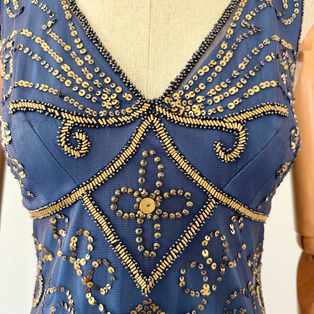 Navy Blue Art Deco Sequin & Beaded Cocktail Dress – Great Gatsby Glamour