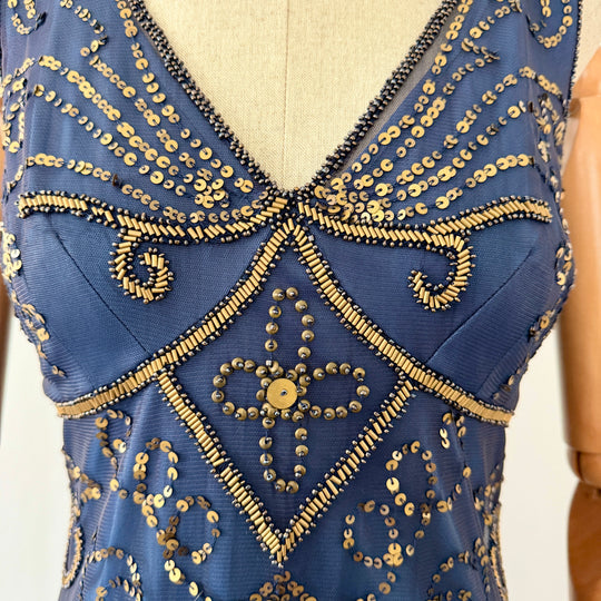 Navy Blue Art Deco Sequin & Beaded Cocktail Dress – Great Gatsby Glamour