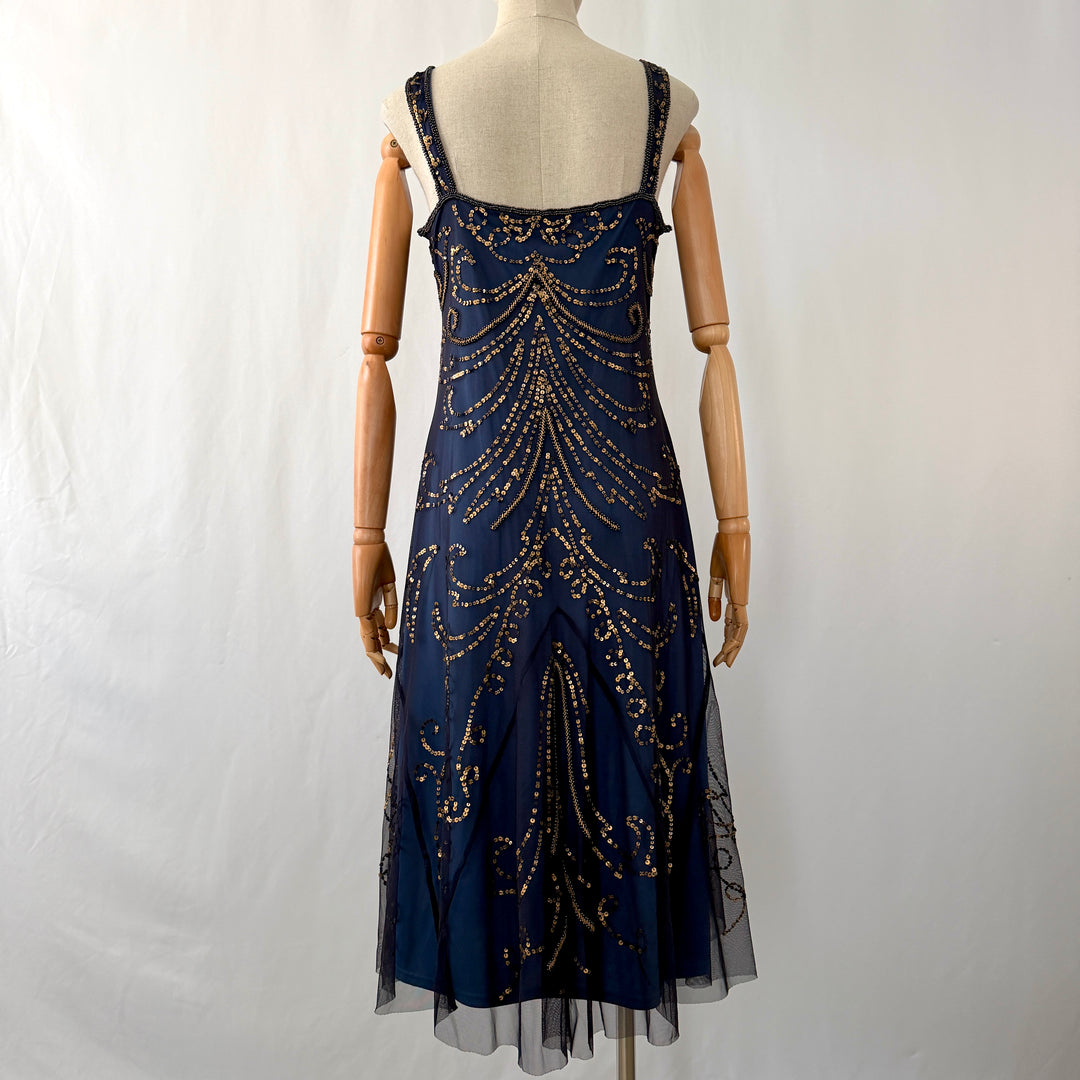 Navy Blue Art Deco Sequin & Beaded Cocktail Dress – Great Gatsby Glamour