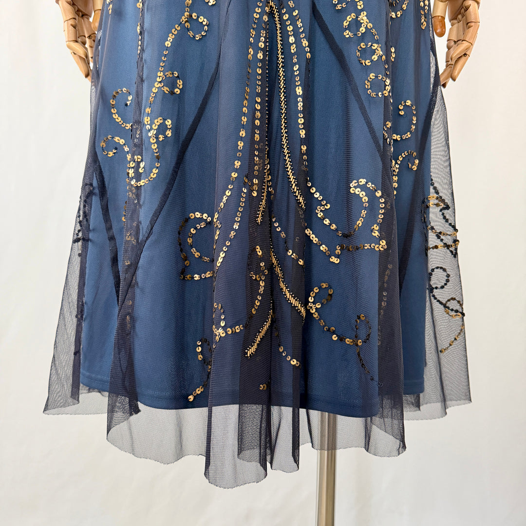 Navy Blue Art Deco Sequin & Beaded Cocktail Dress – Great Gatsby Glamour