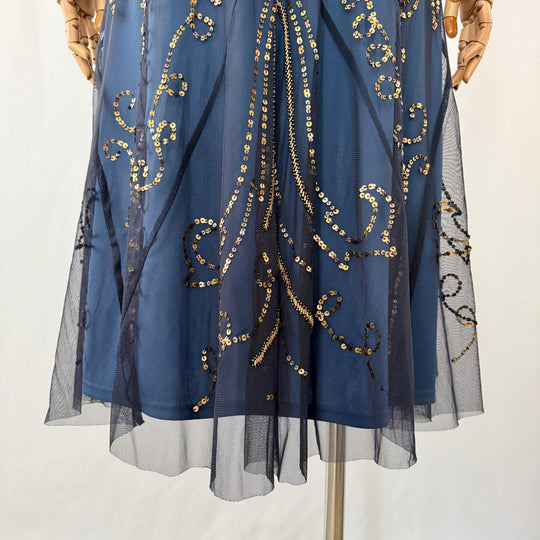 Navy Blue Art Deco Sequin & Beaded Cocktail Dress – Great Gatsby Glamour
