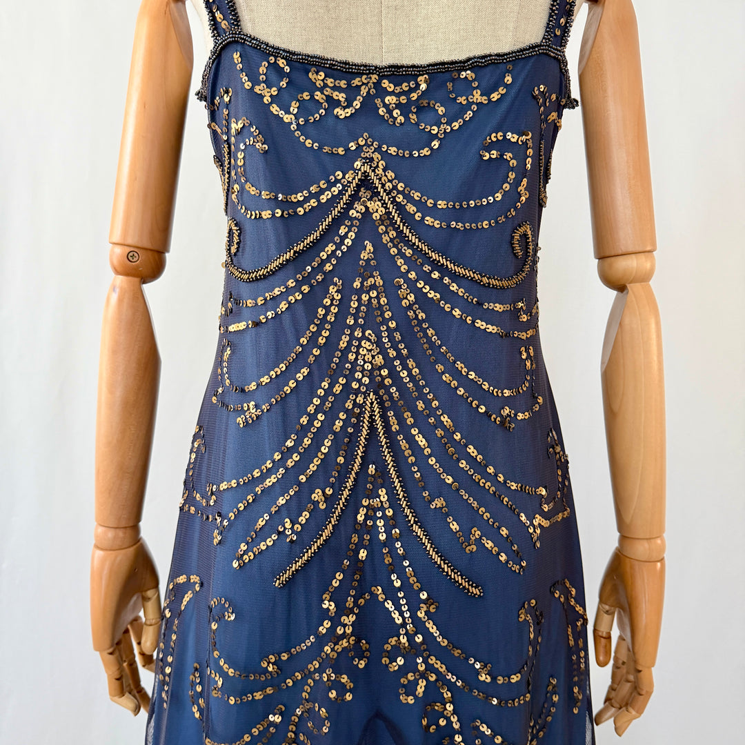 Navy Blue Art Deco Sequin & Beaded Cocktail Dress – Great Gatsby Glamour