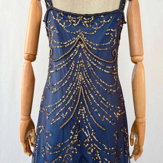 Navy Blue Art Deco Sequin & Beaded Cocktail Dress – Great Gatsby Glamour