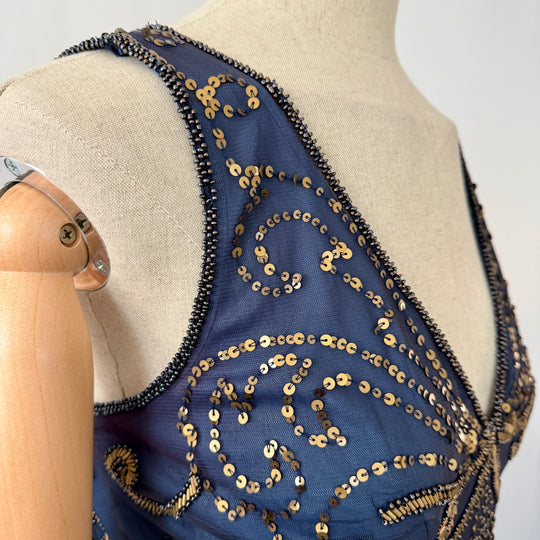 Navy Blue Art Deco Sequin & Beaded Cocktail Dress – Great Gatsby Glamour