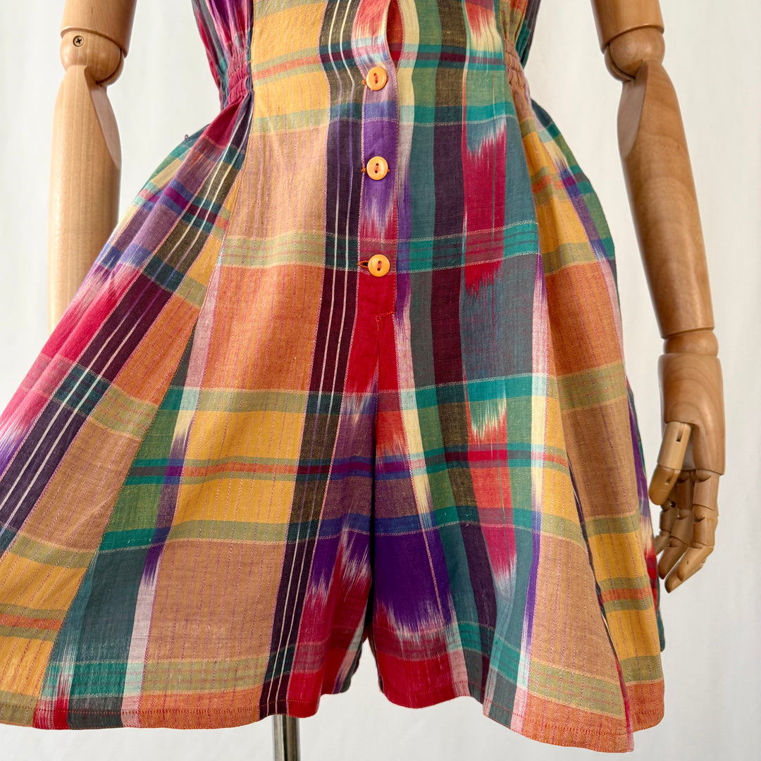 Vintage 1970s Louisiana Ikat Plaid Romper