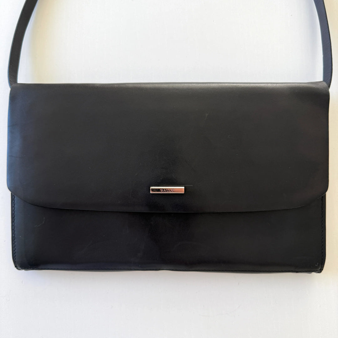 BALLY Black Leather Double Pocket Flap Shoulder Bag