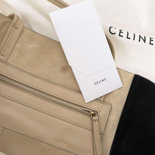 CELINE - CELINE Beige Leather and Black Suede Horizontal Phantom Cabas Tote Bag - AVVIIVVA.COM