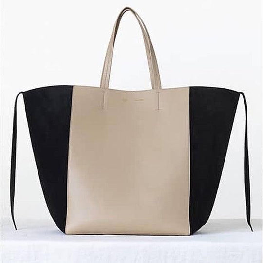 CELINE - CELINE Beige Leather and Black Suede Horizontal Phantom Cabas Tote Bag - AVVIIVVA.COM
