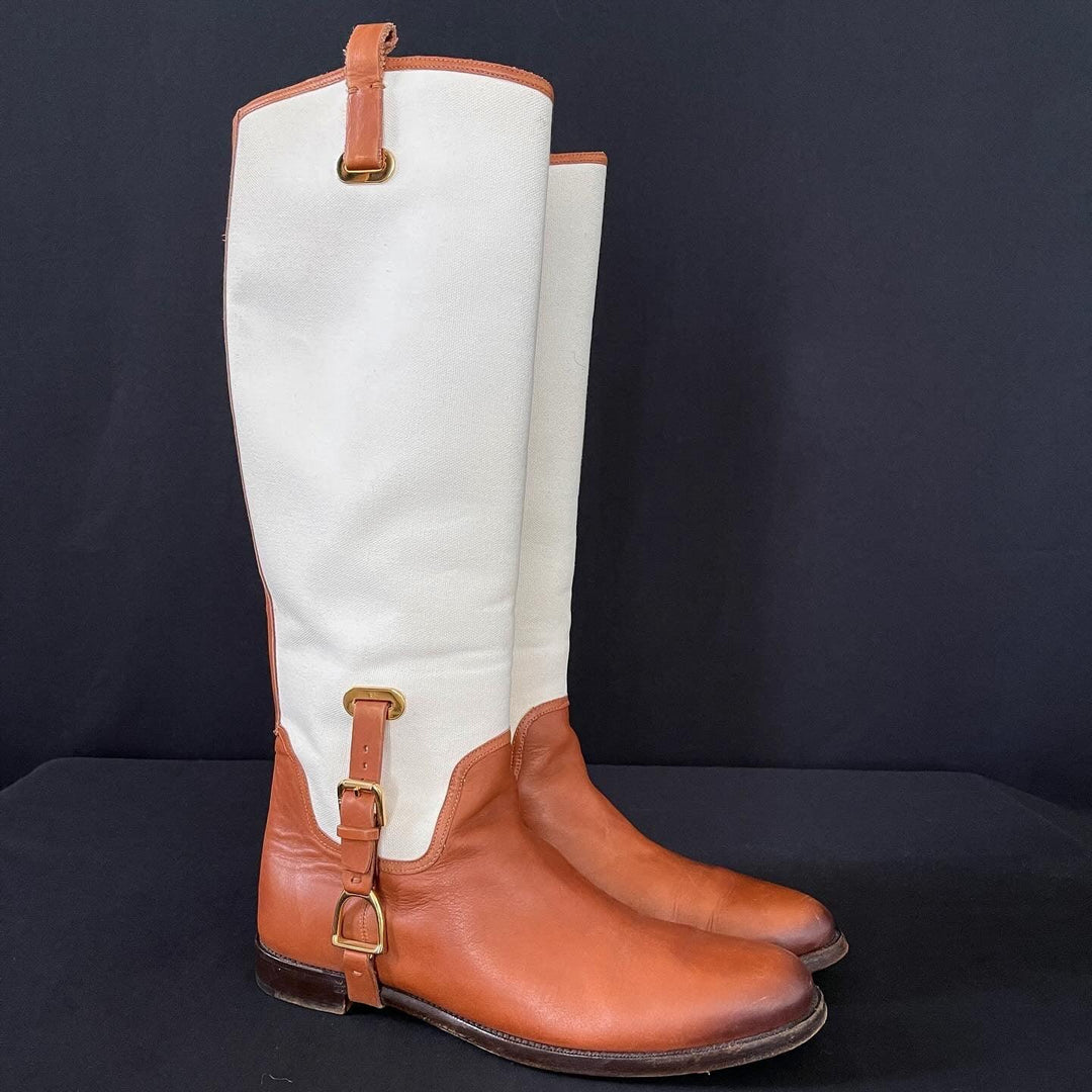 RALPH LAUREN - RALPH LAUREN Tan/White Canvas and Leather Riding Knee High Boots - AVVIIVVA.COM