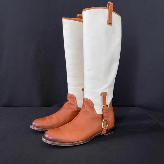 RALPH LAUREN - RALPH LAUREN Tan/White Canvas and Leather Riding Knee High Boots - AVVIIVVA.COM