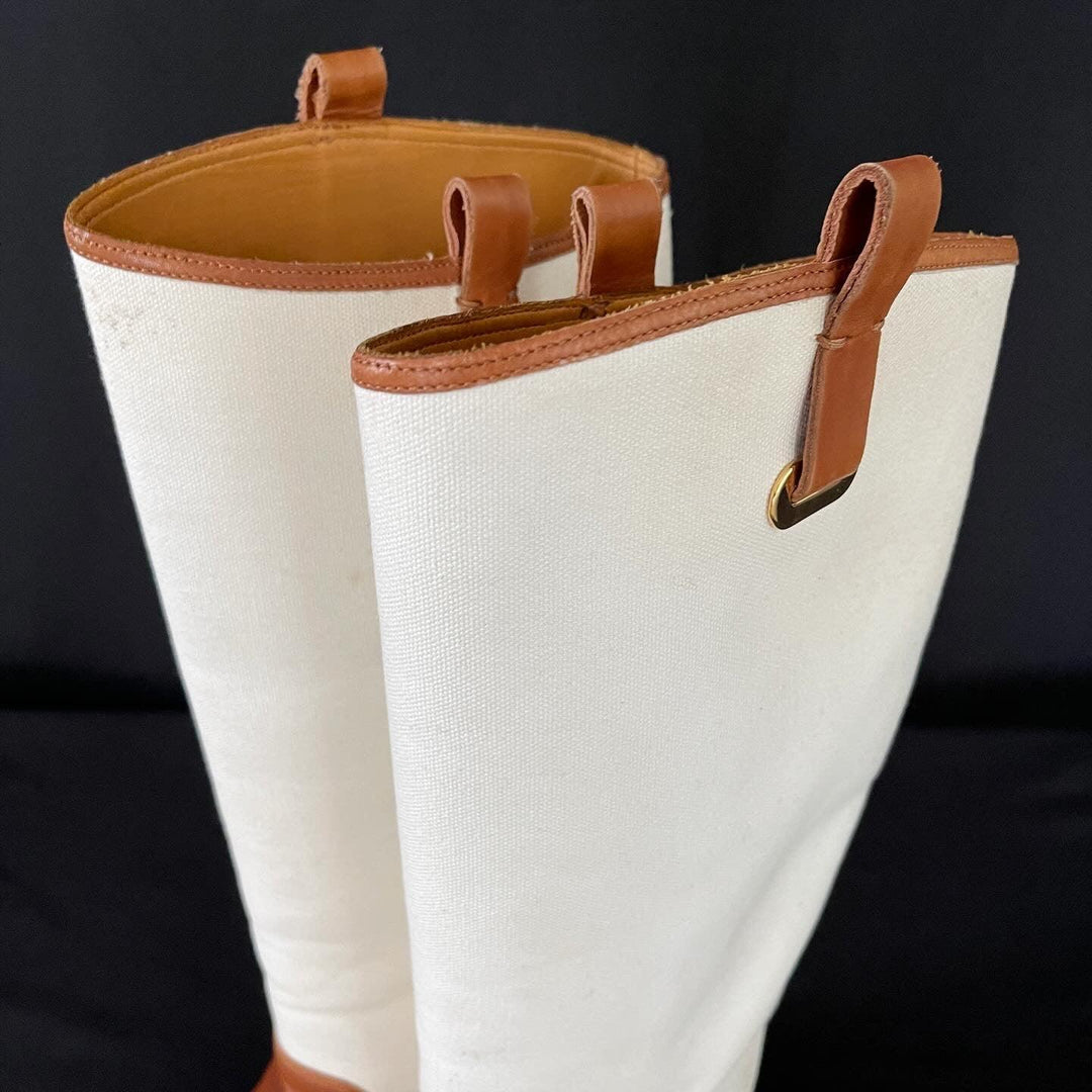 RALPH LAUREN - RALPH LAUREN Tan/White Canvas and Leather Riding Knee High Boots - AVVIIVVA.COM