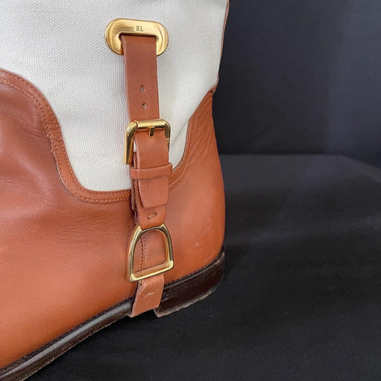 RALPH LAUREN - RALPH LAUREN Tan/White Canvas and Leather Riding Knee High Boots - AVVIIVVA.COM