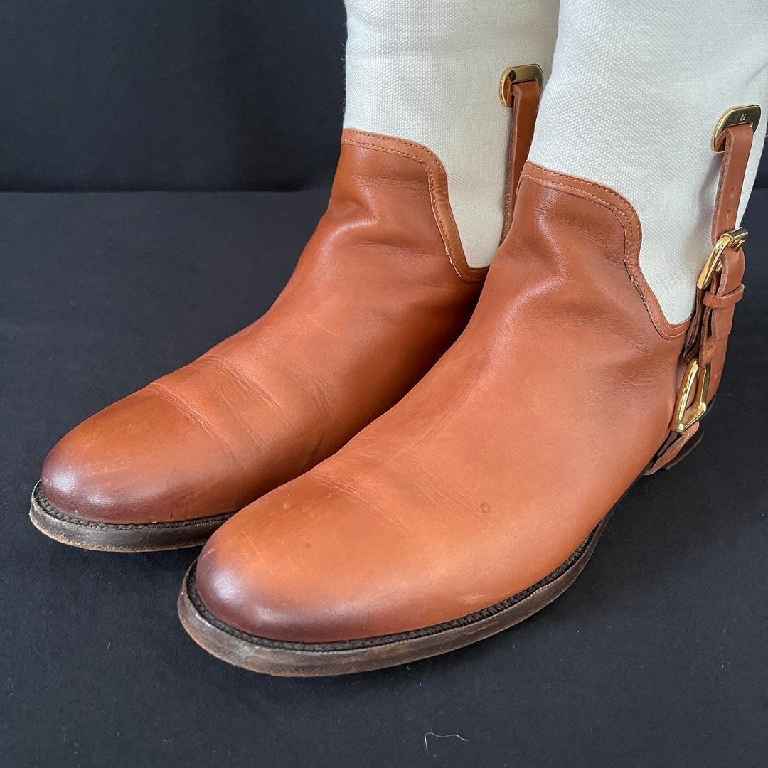 RALPH LAUREN - RALPH LAUREN Tan/White Canvas and Leather Riding Knee High Boots - AVVIIVVA.COM